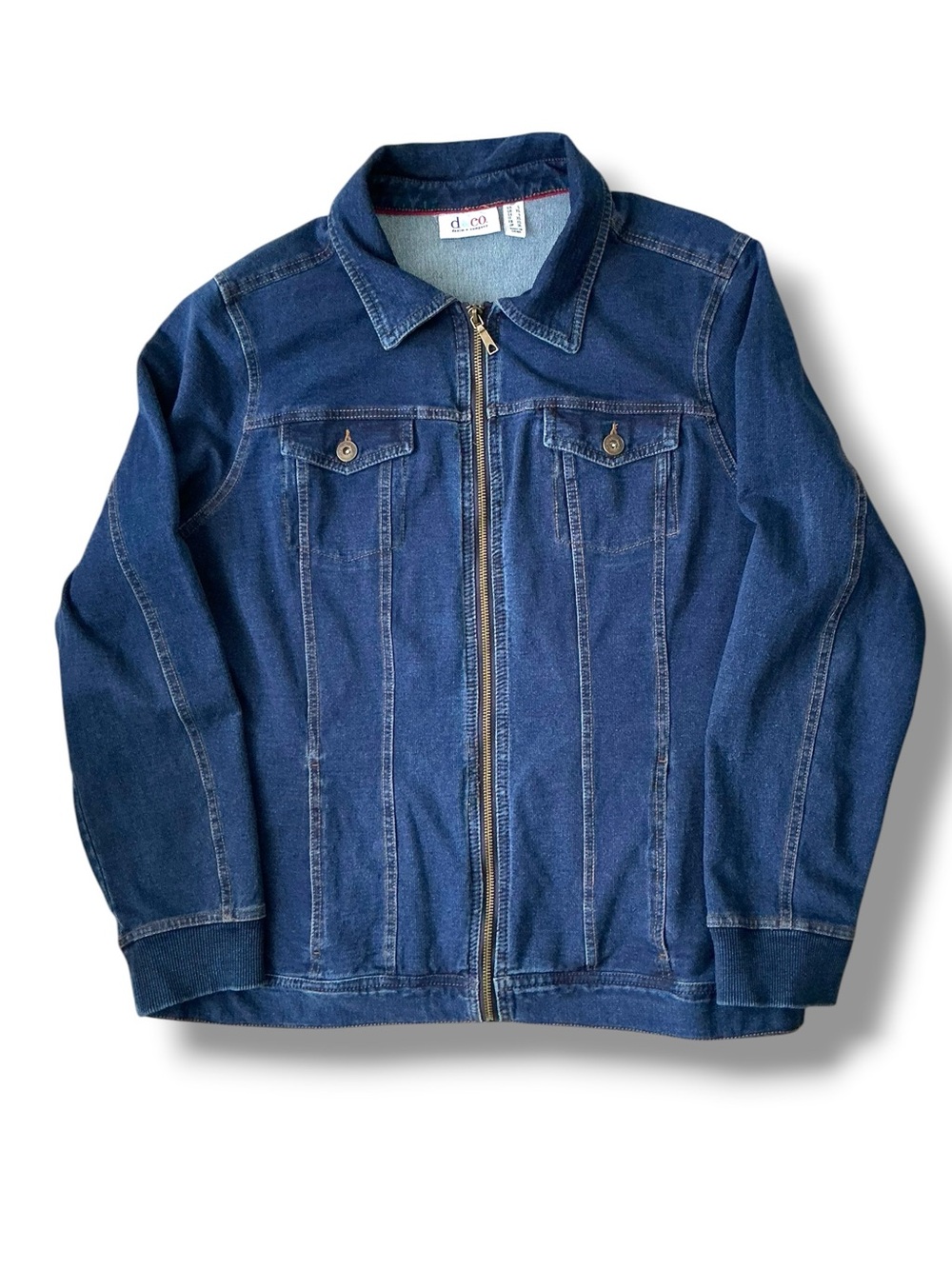 D & CO. Denim & Company Dark Blue Zip-Front Denim Jacket Large